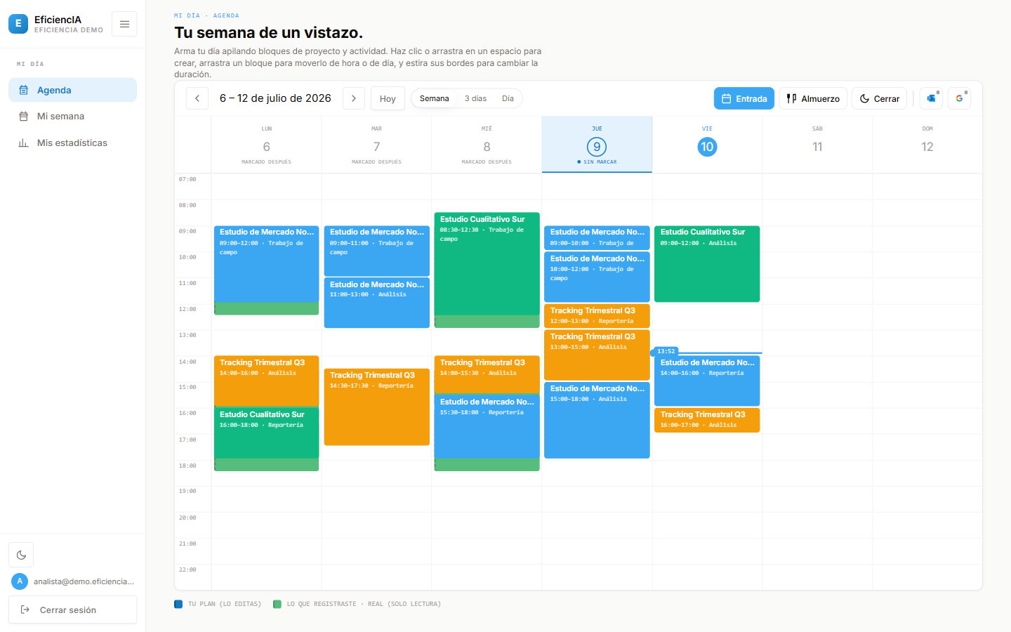 Agenda semanal de EficiencIA: bloques de plan y ejecución real por proyecto